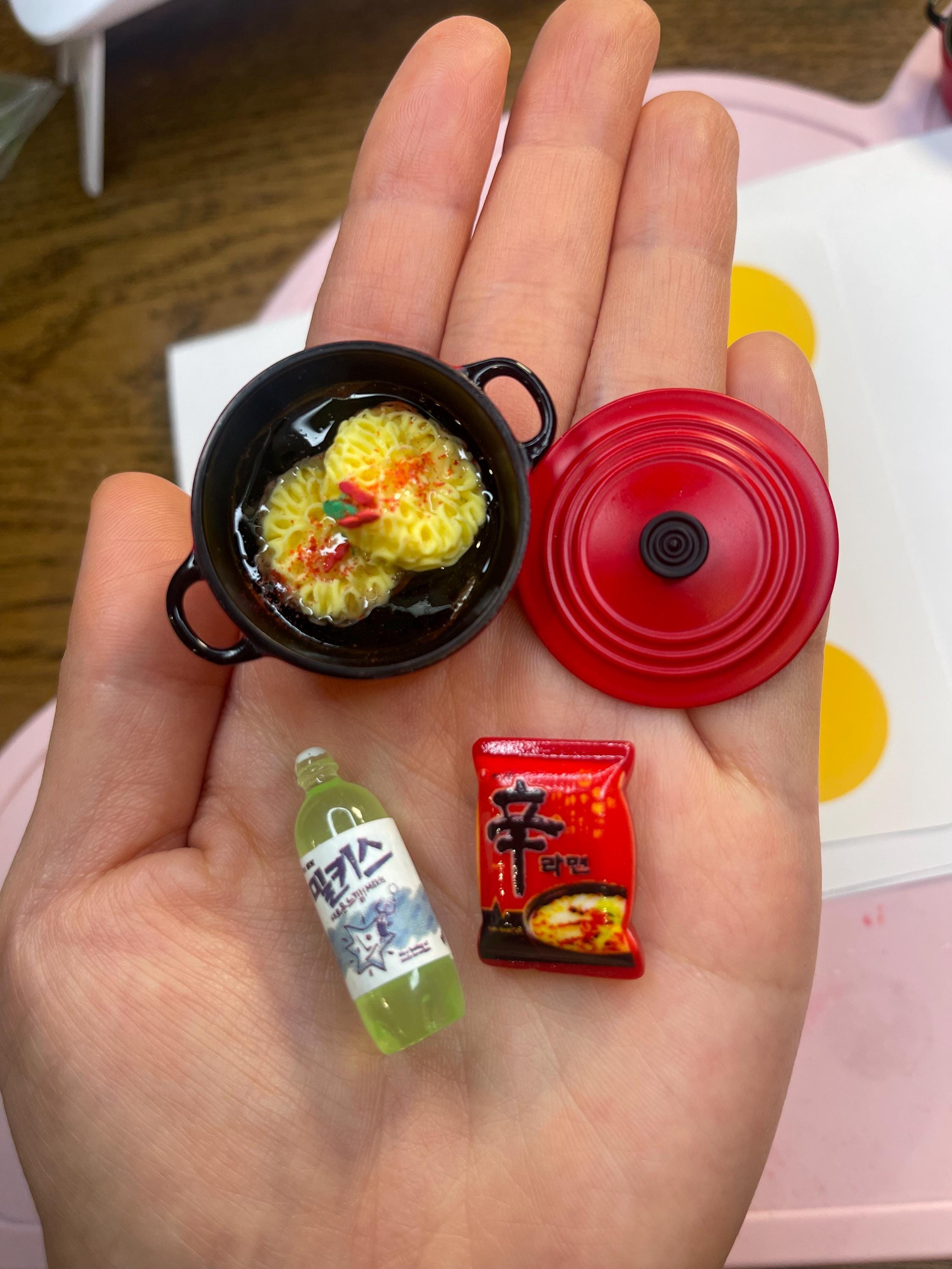 Korean Pot Ramen miniature art strong Magnet: K-Food Fridge Magnets Red pot with K Ramen package and Soda