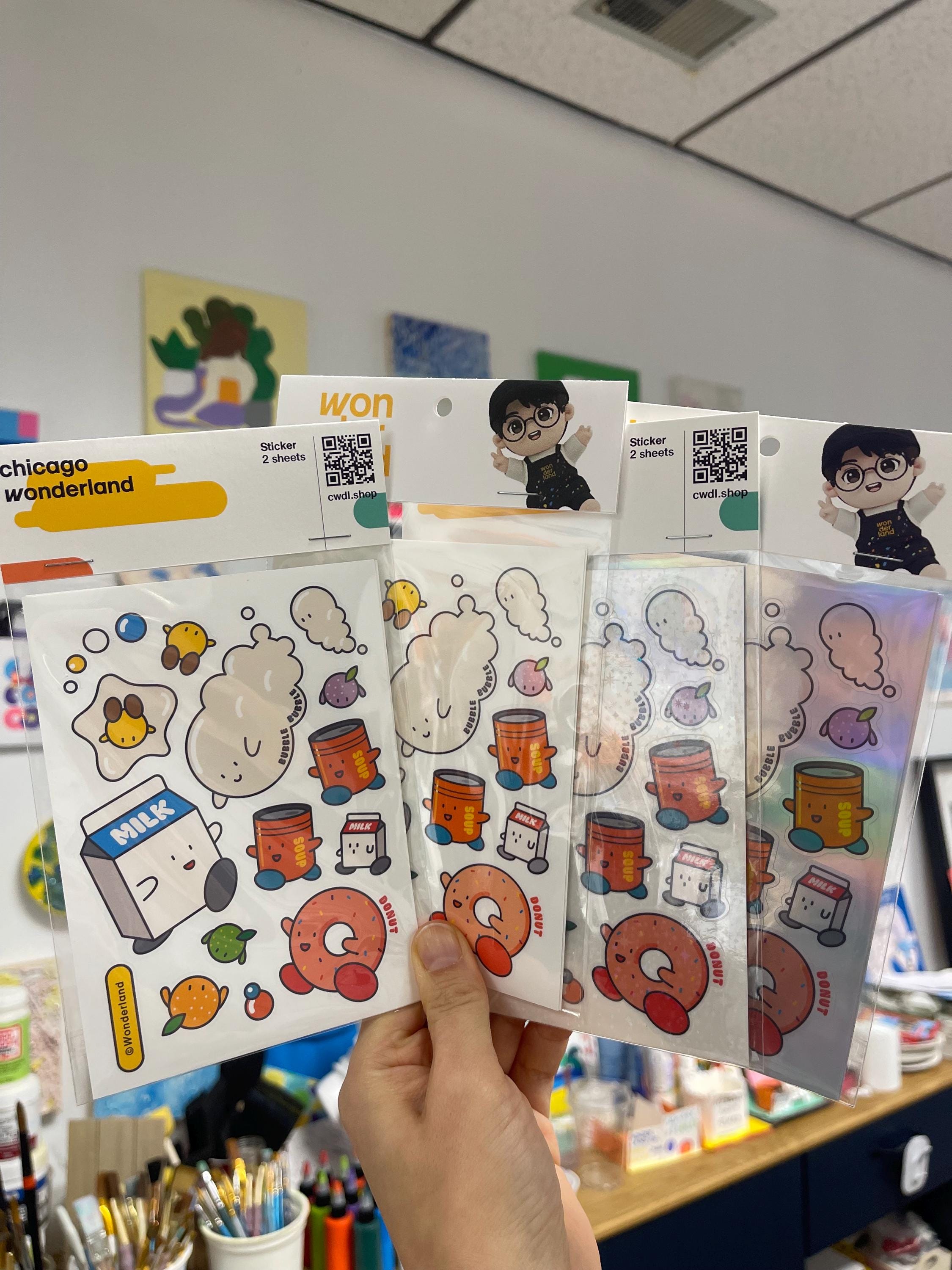 Chicago Wonderland’s character Donut and Milk friend Sticker Set, Matte version, 2 Sheets