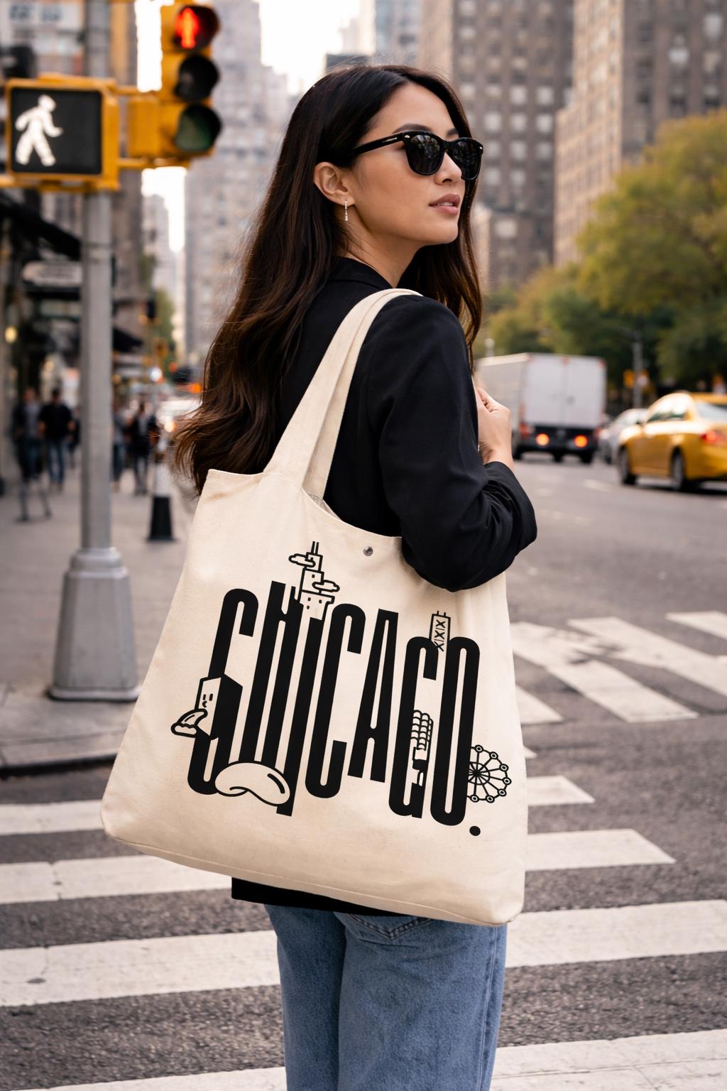 Chicago City Landmark design Canvas Tote Bag with Magnet Snap, Black letter