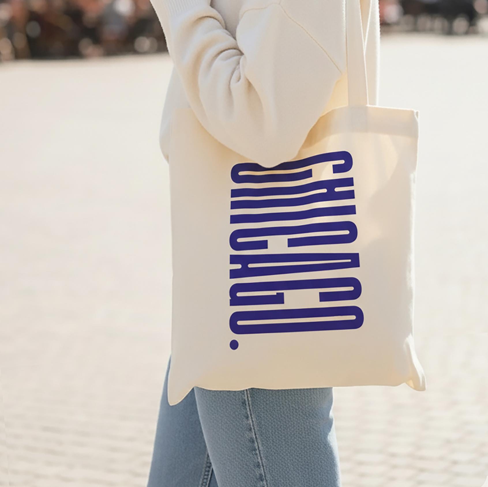 Chicago Canvas Tote Bag with Magnet Snap and Zip Pocket for gift Blue letter