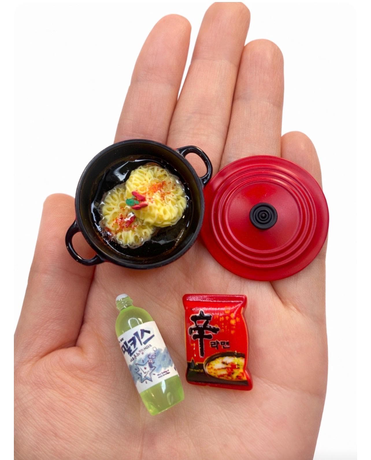 Korean Pot Ramen miniature art strong Magnet: K-Food Fridge Magnets Red pot with K Ramen package and Soda