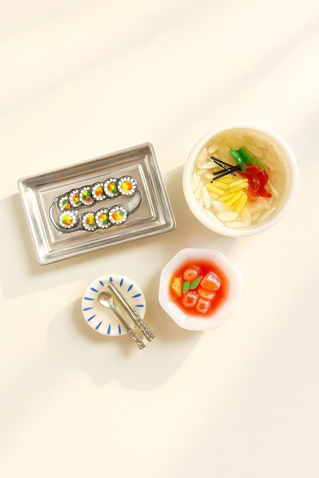 Korean food dduck-kook, Kimbob, kkacduki small tiny Miniature Fridge Magnets Set of 4 귀여운 한국음식 냉장고 자석