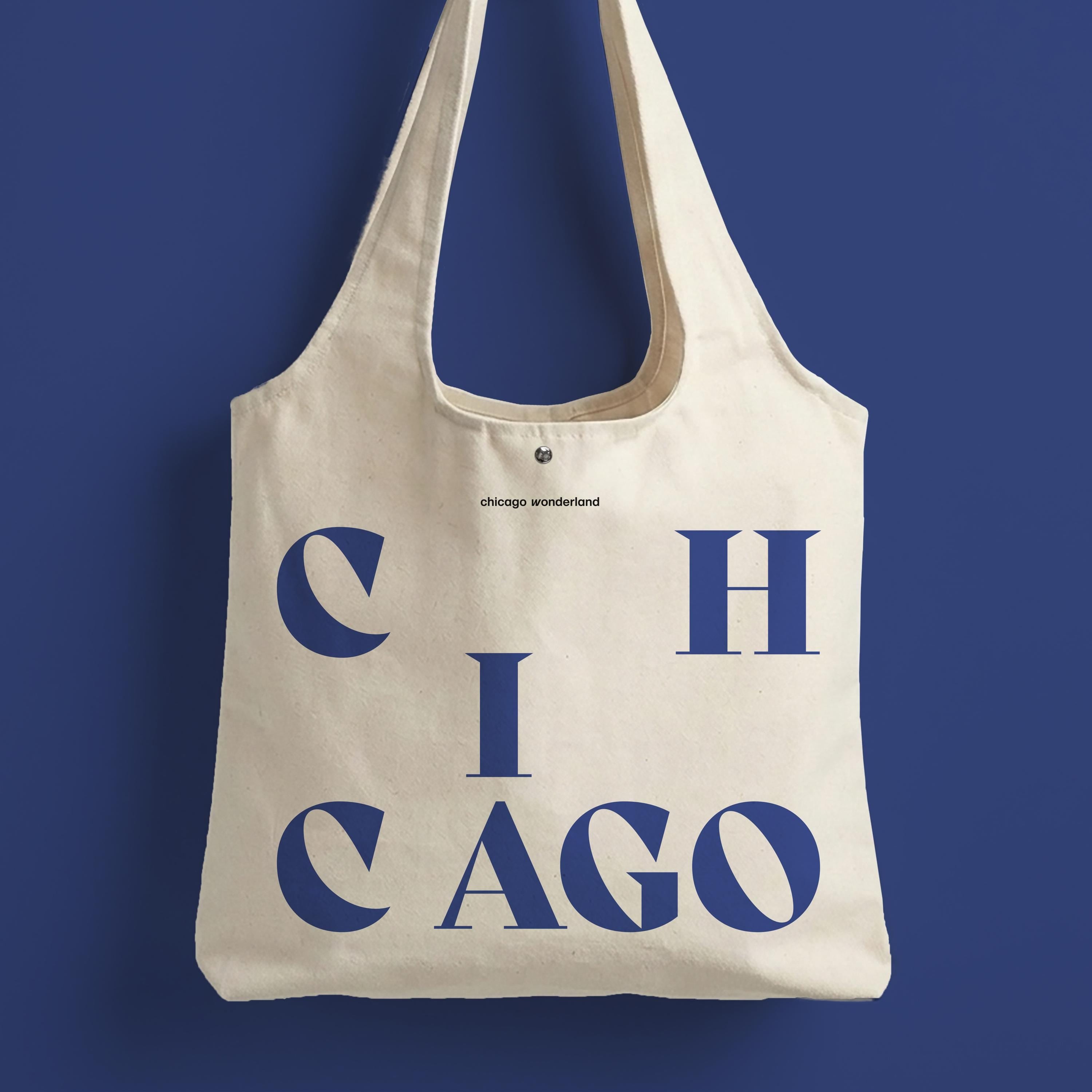 Chicago City Letter Canvas Tote Bag with Magnet Snap, Blue letter