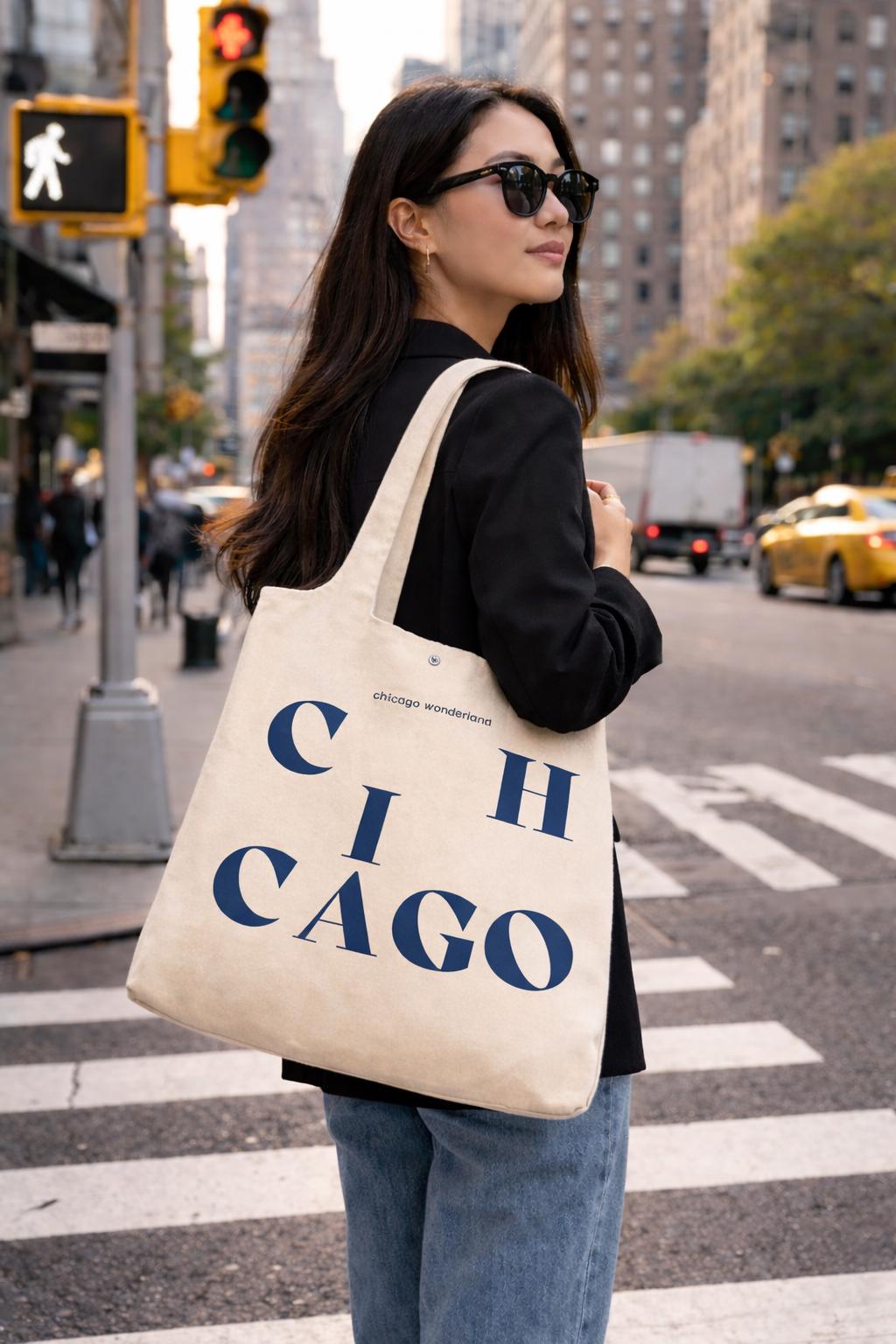 Chicago City Letter Canvas Tote Bag with Magnet Snap, Blue letter
