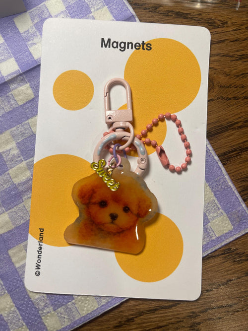 Adorable pet puffy dog acrylic Key chain Key ring / Bag charms Pink or Blue