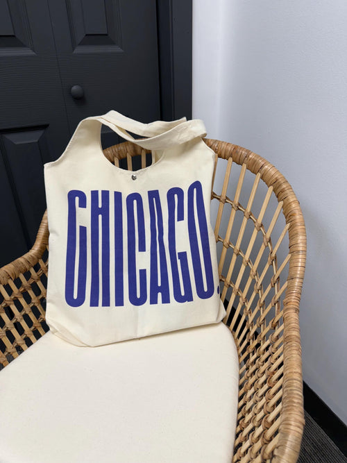 Chicago Canvas Tote Bag with Magnet Snap and Zip Pocket for gift Blue letter