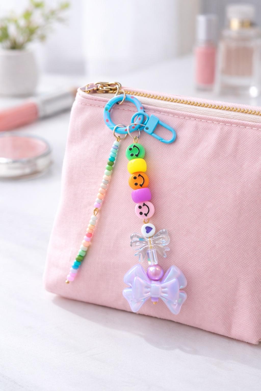 Smiley Face Beaded Bag Charm, Keychain