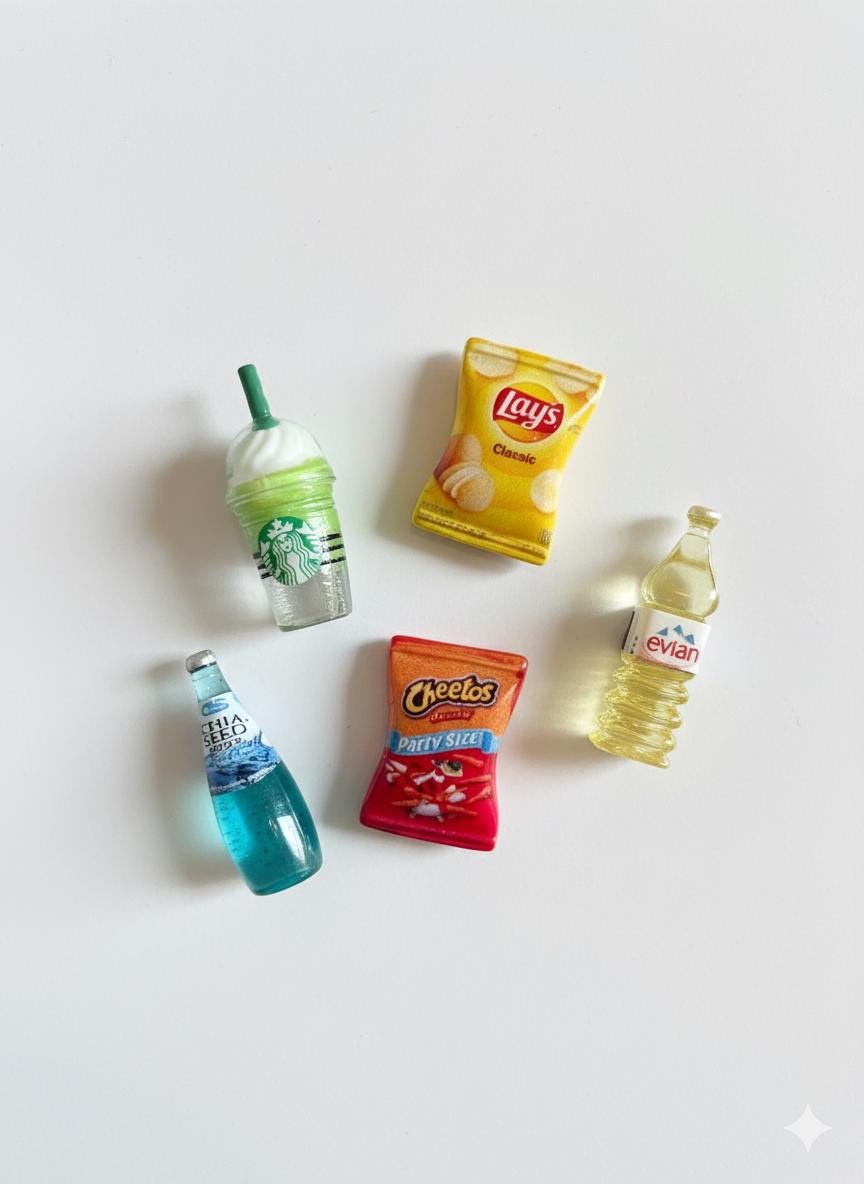 Cute Miniature Food Fridge Magnets, Chips & Drinks, Set of 5