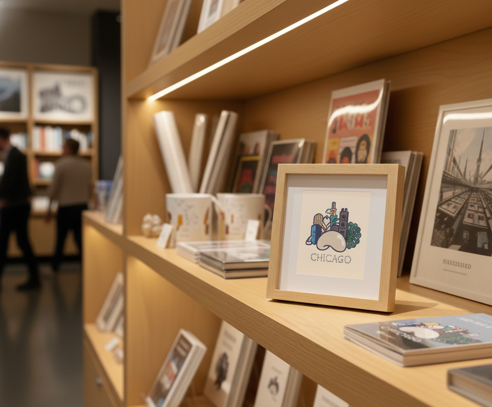 Chicago Landmark Illustration with Wood Photo Frame (6x6)