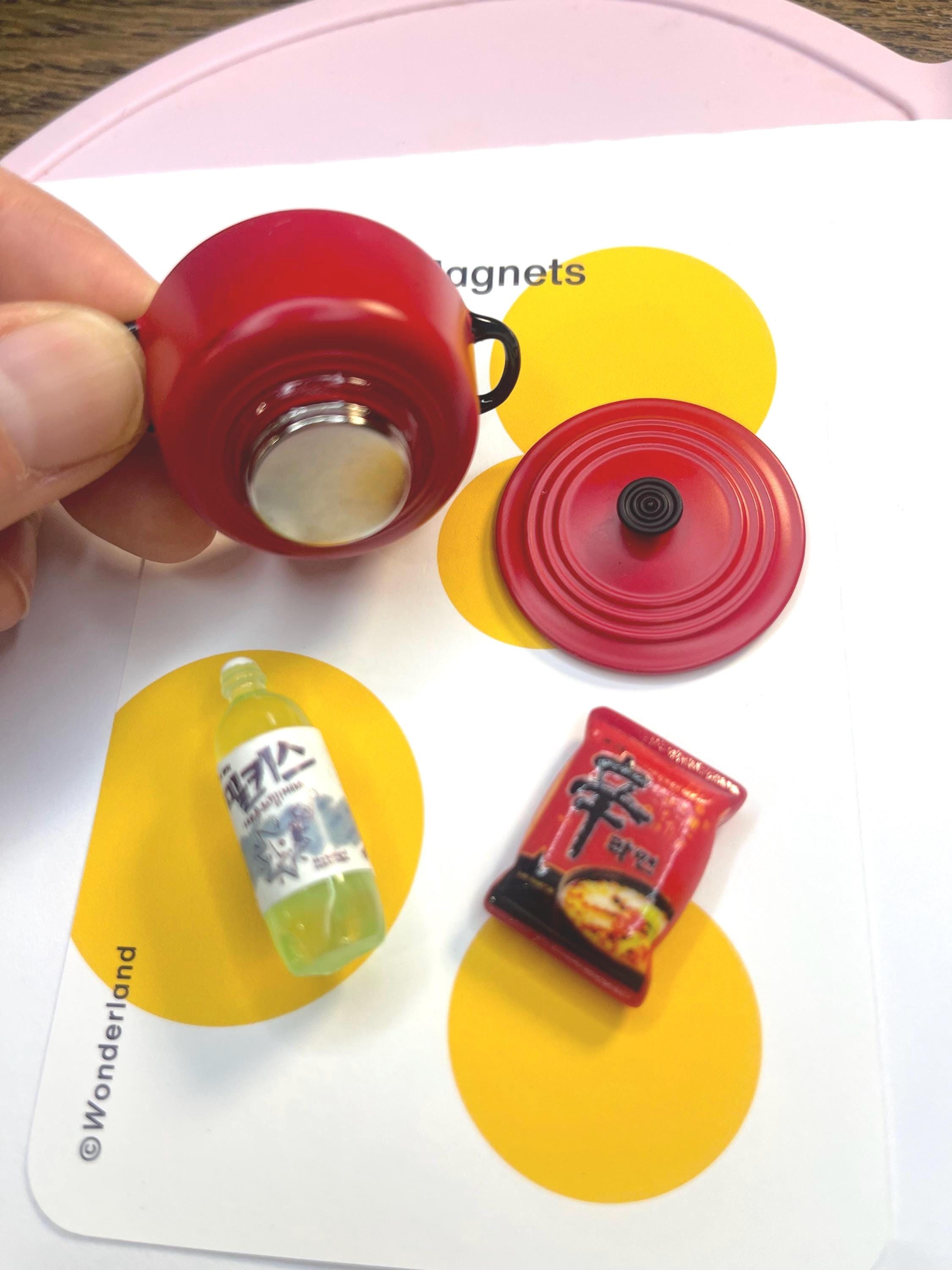 Korean Pot Ramen miniature art strong Magnet: K-Food Fridge Magnets Red pot with K Ramen package and Soda