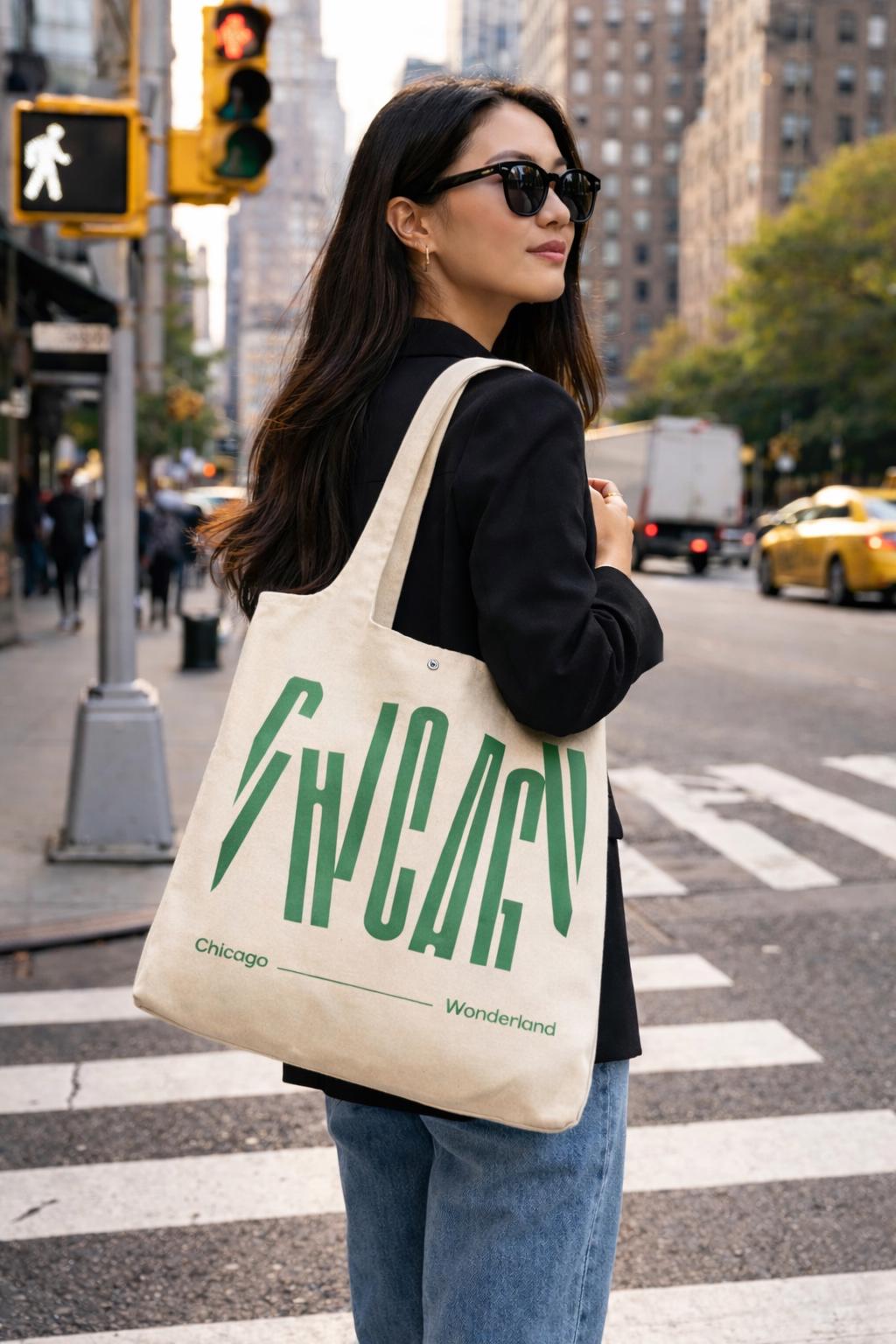 Chicago City Letter Canvas Tote Bag with Magnet Snap, Green letter