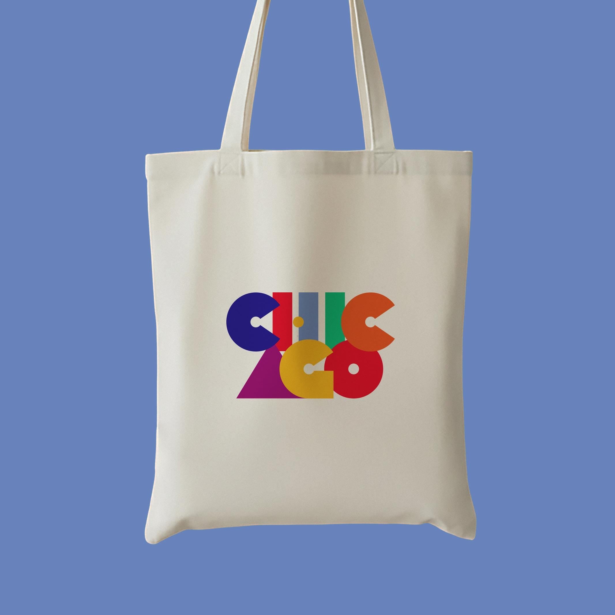 Chicago Canvas Tote Bag, Colorful Letter Design with inside pocket