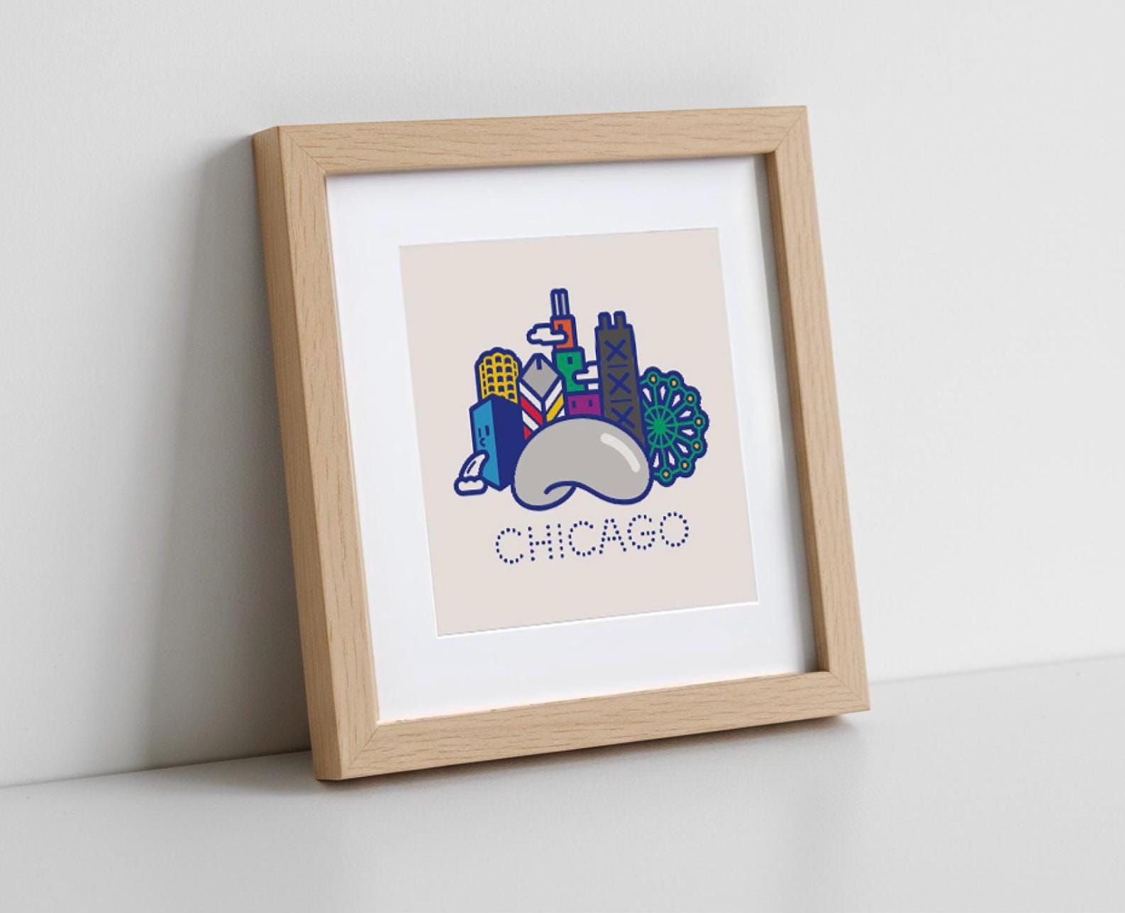 Chicago Landmark Illustration with Wood Photo Frame (6x6)