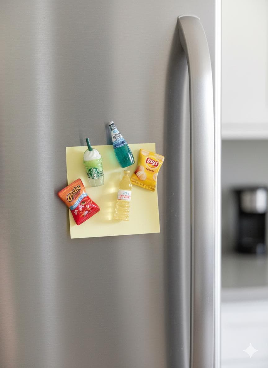 Cute Miniature Food Fridge Magnets, Chips & Drinks, Set of 5