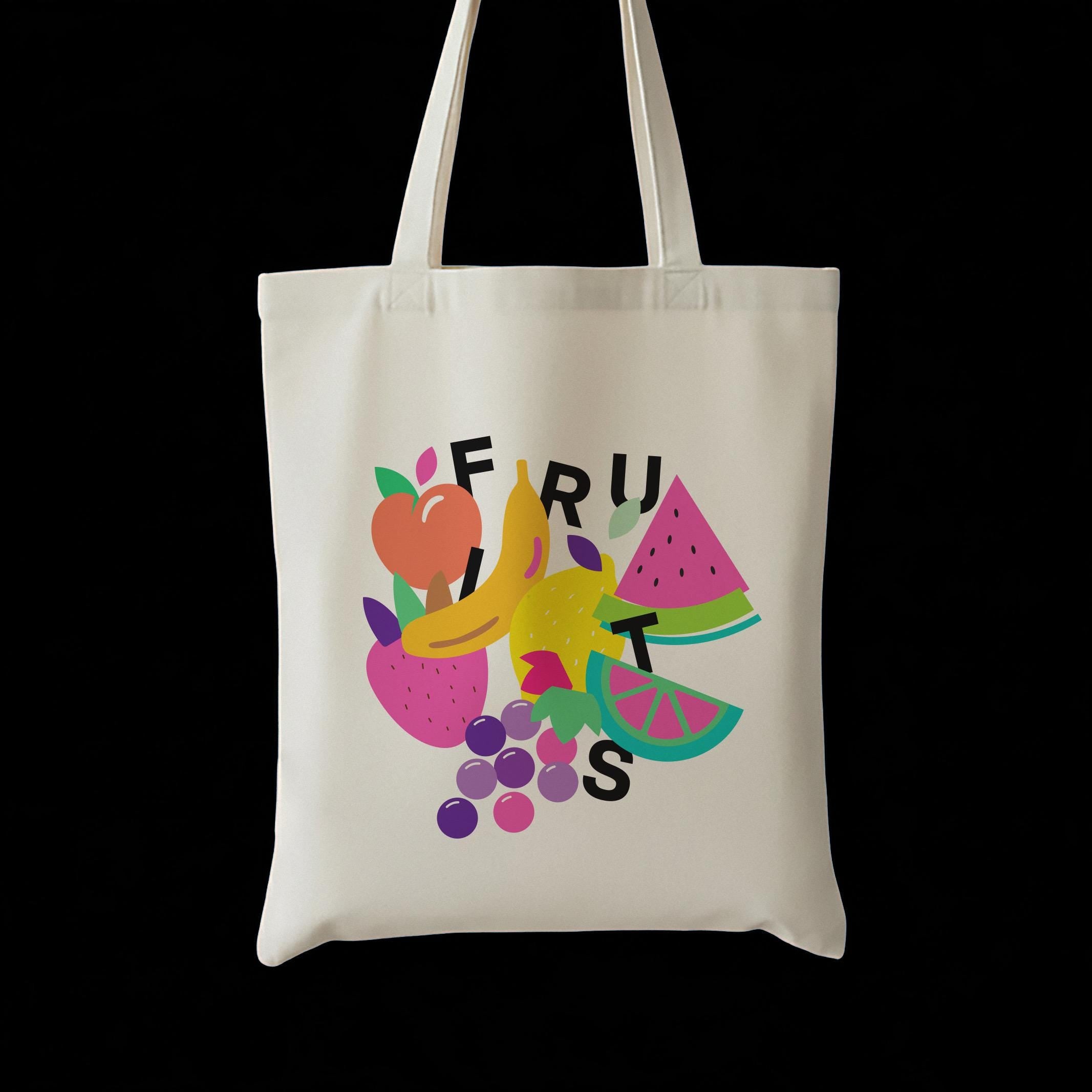 Chicago Wonderlnd- Fruits canvas tote bag w/ Magnet snap& inside zip pocket