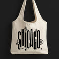 Chicago City Landmark design Canvas Tote Bag with Magnet Snap, Black letter