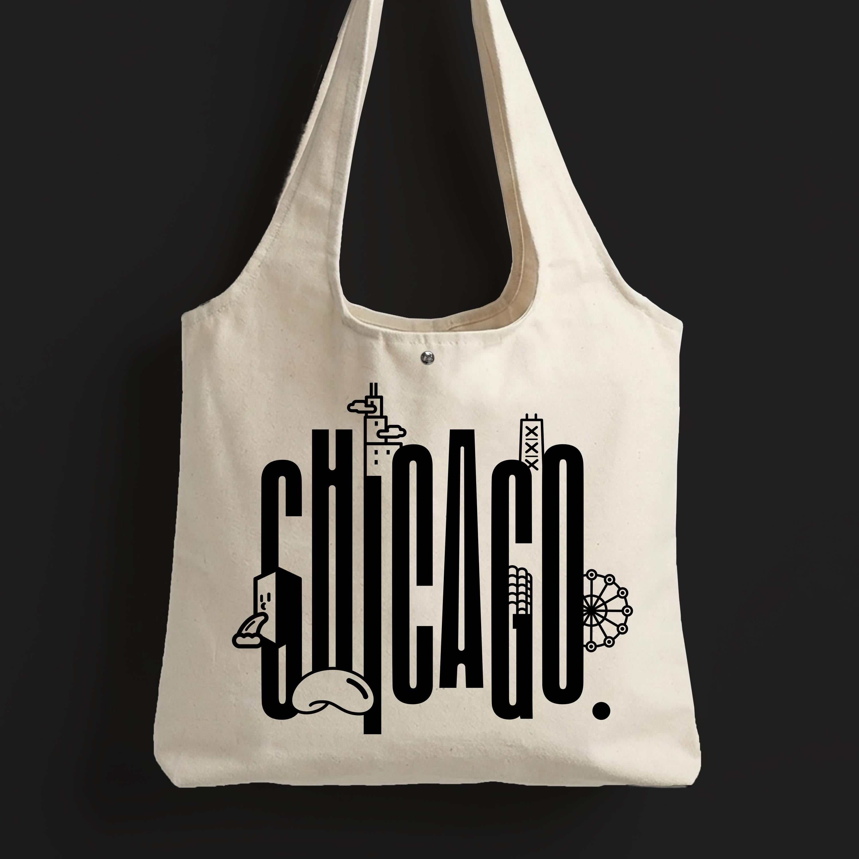 Chicago City Landmark design Canvas Tote Bag with Magnet Snap, Black letter