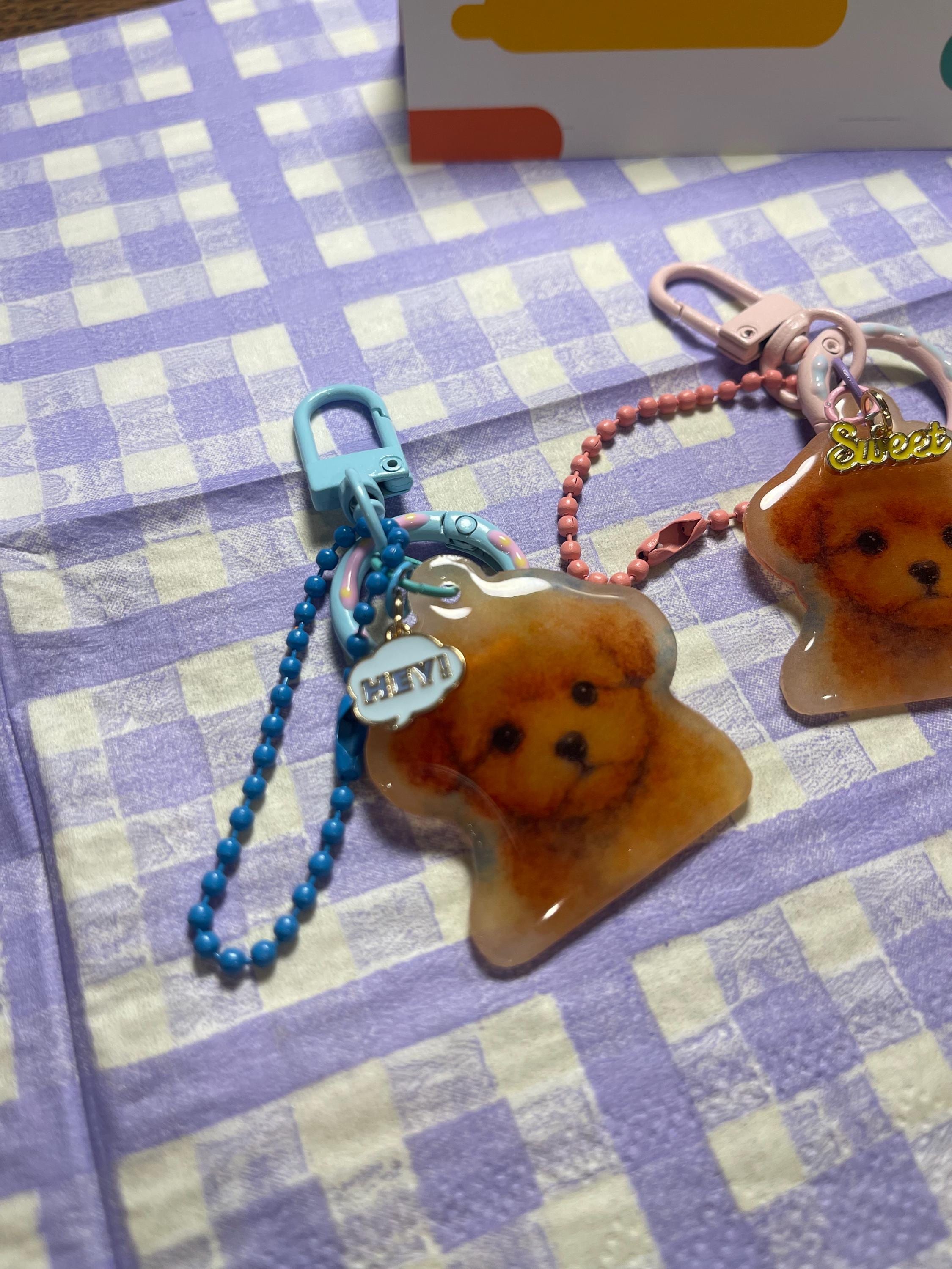 Adorable pet puffy dog acrylic Key chain Key ring / Bag charms Pink or Blue