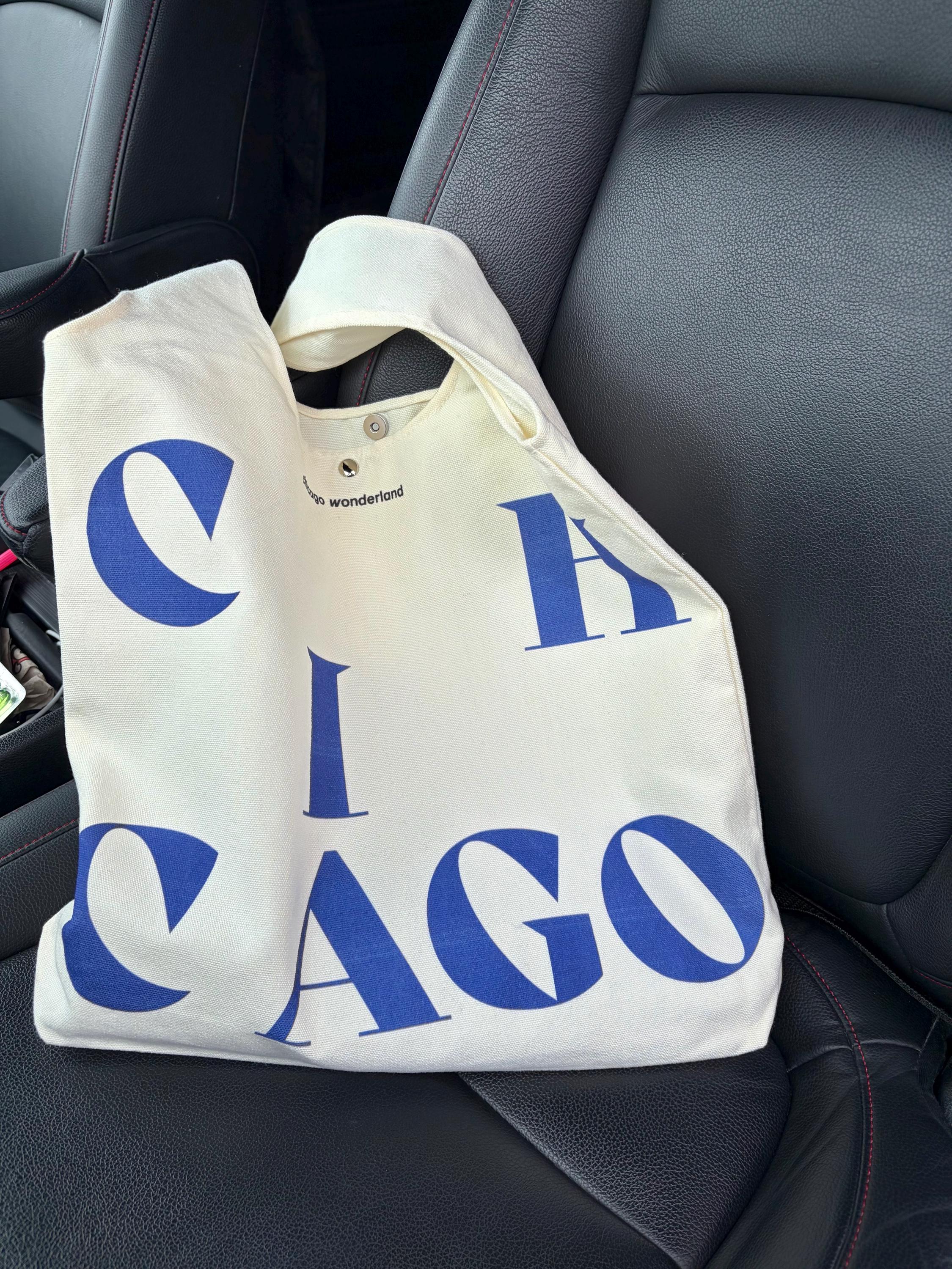 Chicago City Letter Canvas Tote Bag with Magnet Snap, Blue letter